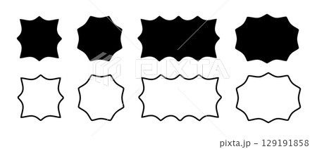 Set of square, round, rectangle and oval frames with wavy edges. Shapes with jagged borders. Empty text boxes, tags or labels, speech bubbles or online message templates. Vector graphic illustration Set of square, round, rectangle and oval frames with wavy edges. Shapes with jagged borders. Empty text boxes, tags or labels, speech bubbles or online message templates. Vector graphic illustration 129191858