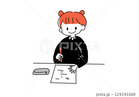 勉強する女の子のイラスト(机・テスト・手書き風・ベクター) 勉強する女の子のイラスト(机・テスト・手書き風・ベクター) 129191880