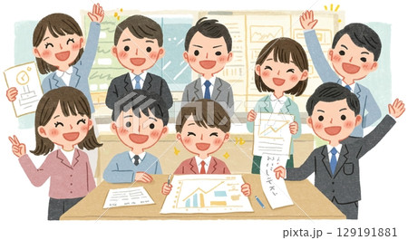 力を合わせて！絵本風のイラストで描かれたビジネスチーム 129191881
