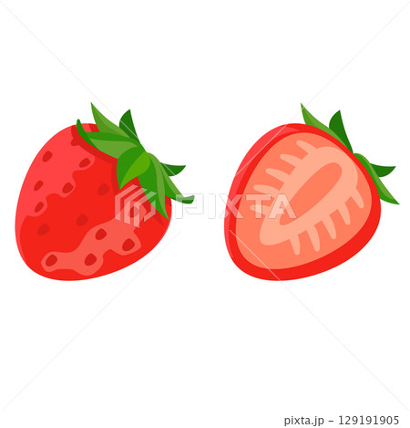 ヘタありのいちご（丸ごと＋断面）セット - フラットベクターイラスト 129191905