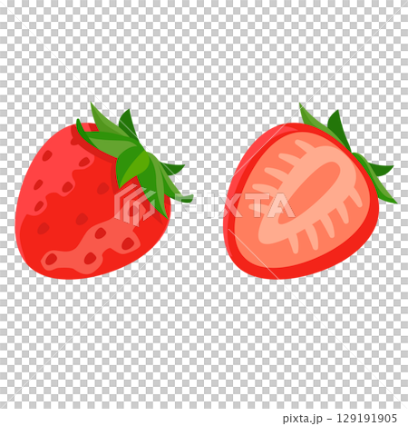 ヘタありのいちご（丸ごと＋断面）セット - フラットベクターイラスト 129191905