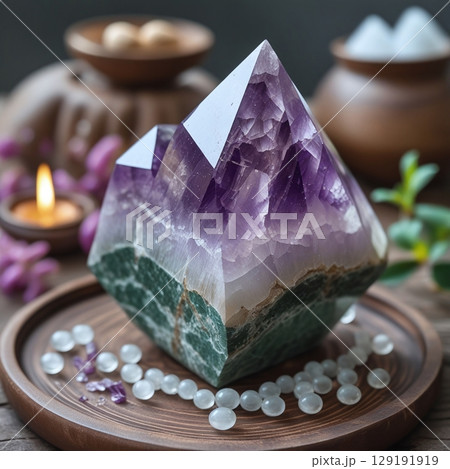 Magic healing crystals. Altar with gemstones and candles 129191919