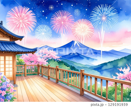 打上花火が上がる民家の縁側　夏の夜　水彩画風 129191939
