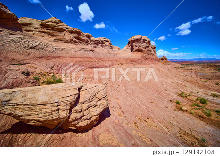 Layered Sandstone Cliffs Red Rock Formations Desert Vegetation Eye Level Layered Sandstone Cliffs Red Rock Formations Desert Vegetation Eye Level 129192108