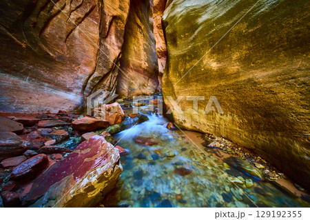 Kanarra Falls Slot Canyon Flowing Stream Vertical Low Perspective 129192355