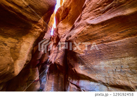 Kanarra Falls Slot Canyon Sandstone Walls with Climbing Anchors Upward View 129192458