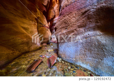 Slot Canyon Flowing Stream Sandstone Walls Low Eye Level Perspective 129192472