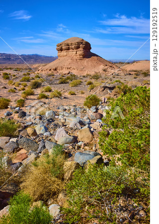 Desert Mesa and Rugged Terrain Under Blue Sky Eye-Level View 129192519