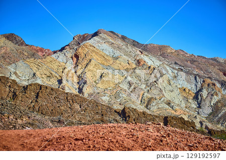 Rugged Multicolored Rock Formations in Nevada Desert at Eye-Level View 129192597