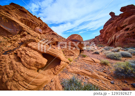 Red Rock Formations and Desert Vegetation in Boulder City Low Angle View Red Rock Formations and Desert Vegetation in Boulder City Low Angle View 129192627