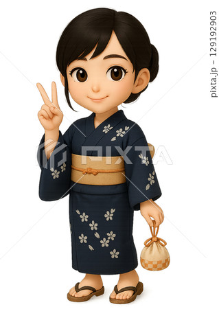 浴衣姿で巾着を持ちピースサインをする3Dフィギュア風女性キャラのKOKORO 129192903