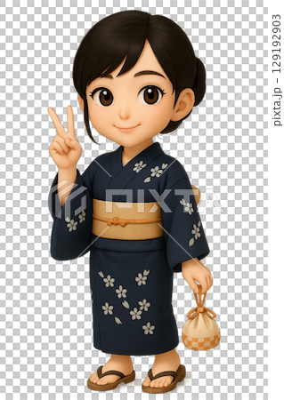 浴衣姿で巾着を持ちピースサインをする3Dフィギュア風女性キャラのKOKORO 129192903