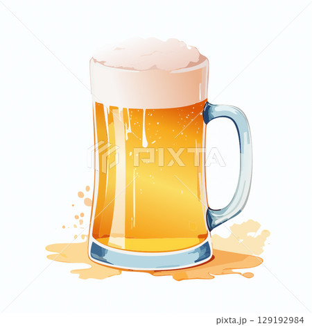 ジョッキに入った泡がもこもこのビール　水彩画風 129192984
