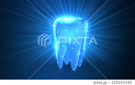Tooth. Abstract low poly shine bright tooth illustration. Blue background and stars. 129193198