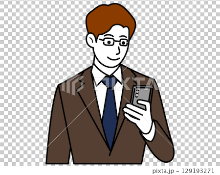 A man wearing glasses and a brown suit looking at his smartphone 129193271