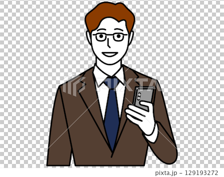 A man wearing glasses and a brown suit talking on a smartphone 129193272