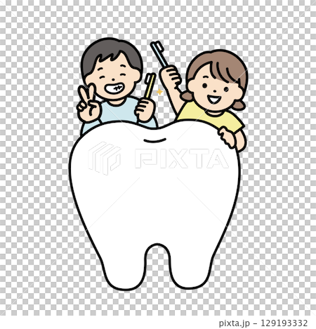 健康的牙齒和兒童-簡單時尚的線條畫插圖 129193332