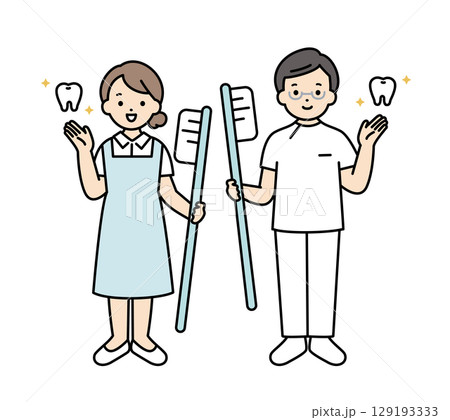 歯ブラシを持った歯科医師と歯科衛生士の全身イラスト　医療従事者 129193333