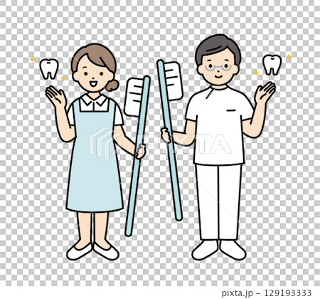 歯ブラシを持った歯科医師と歯科衛生士の全身イラスト　医療従事者 129193333
