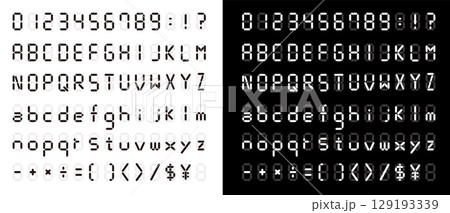 デジタル文字と数字。液晶モニターにアルファベット。時計の文字。黒の背景にデジタルのフォント。 129193339