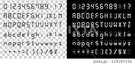 デジタル文字と数字。液晶モニターにアルファベット。時計の文字。黒の背景にデジタルのフォント。 129193339