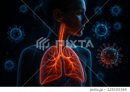 AI generated ultra realistic sci fi medical illustration showing transparent female upper body with glowing lungs trachea and spine surrounded by floating viruses in dark blue background AI generated ultra realistic sci fi medical illustration showing transparent female upper body with glowing lungs trachea and spine surrounded by floating viruses in dark blue background 129193384