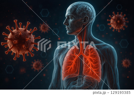 AI generated transparent human body with glowing red lungs surrounded by virus particles in a sci fi medical background showing respiratory infection and immune alert concept AI generated transparent human body with glowing red lungs surrounded by virus particles in a sci fi medical background showing respiratory infection and immune alert concept 129193385