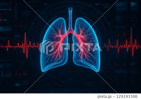 AI generated ultra realistic holographic lungs glowing in neon blue and red with ECG waveform overlay in a sci fi medical diagnostics interface futuristic and precise in a dark tech lab AI generated ultra realistic holographic lungs glowing in neon blue and red with ECG waveform overlay in a sci fi medical diagnostics interface futuristic and precise in a dark tech lab 129193386