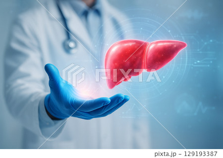 AI generated digital liver floats above a doctor gloved hand in a sci fi medical setting with clean background futuristic interface and soft glowing blue and red tones AI generated digital liver floats above a doctor gloved hand in a sci fi medical setting with clean background futuristic interface and soft glowing blue and red tones 129193387