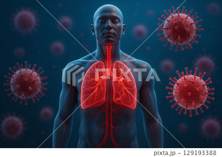 AI generated ultra realistic digital render of full human body with glowing red respiratory system surrounded by floating virus particles on blue background representing infection and immune risk AI generated ultra realistic digital render of full human body with glowing red respiratory system surrounded by floating virus particles on blue background representing infection and immune risk 129193388