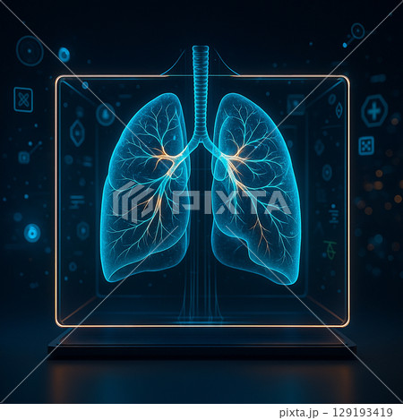 AI generated high tech holographic lungs inside transparent glowing box with floating digital interface showing advanced respiratory system analysis in a futuristic medical environment AI generated high tech holographic lungs inside transparent glowing box with floating digital interface showing advanced respiratory system analysis in a futuristic medical environment 129193419
