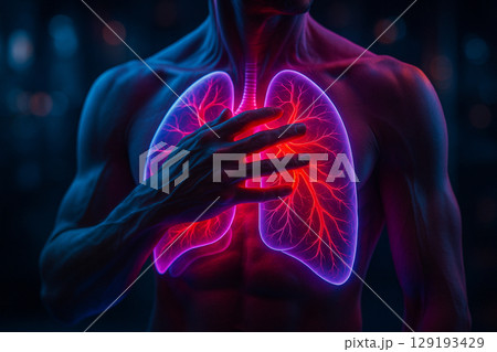 AI generated ultra realistic sci fi anatomical artwork of human torso showing glowing transparent lungs in red and violet with emotional hand gesture symbolizing breath energy fear or vulnerability 129193429