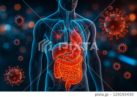 AI generated sci-fi medical illustration showing human digestive system attacked by glowing virus particles in a transparent glowing anatomy with futuristic atmosphere 129193430