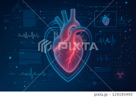 AI generated high resolution digital artwork of a glowing semi transparent human heart surrounded by sci fi holographic medical data interface on a dark blue background 129193493