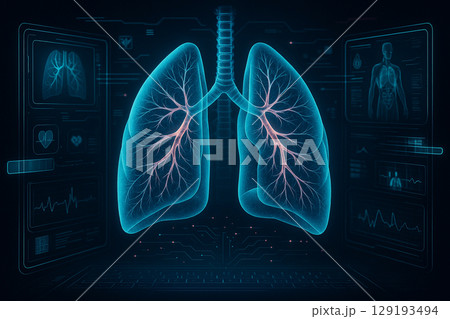 AI generated 3D glowing lungs with thoracic spine and diagnostic panels in a sci fi medical user interface showing precise anatomy and advanced health data visualization AI generated 3D glowing lungs with thoracic spine and diagnostic panels in a sci fi medical user interface showing precise anatomy and advanced health data visualization 129193494