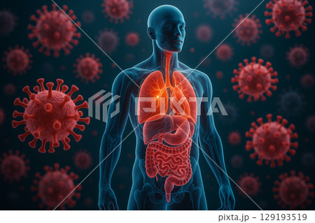 AI generated ultra detailed sci fi style of human male anatomy with glowing organs and red virus spheres surrounding the body in a futuristic atmosphere 129193519
