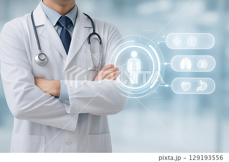 AI generated confident doctor standing with arms crossed in front of floating medical holographic dashboard showing organ icons and health data in a clean and modern digital healthcare setting AI generated confident doctor standing with arms crossed in front of floating medical holographic dashboard showing organ icons and health data in a clean and modern digital healthcare setting 129193556