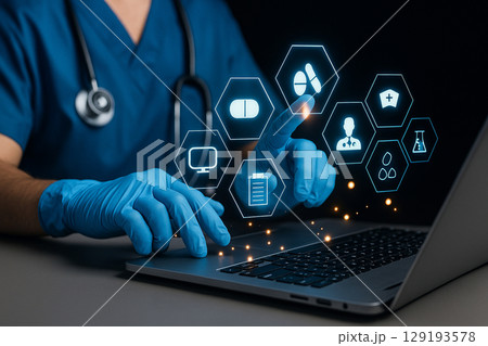 AI generated image of gloved medical hands interacting with a glowing holographic interface above a laptop conveying digital healthcare technology and data integration 129193578
