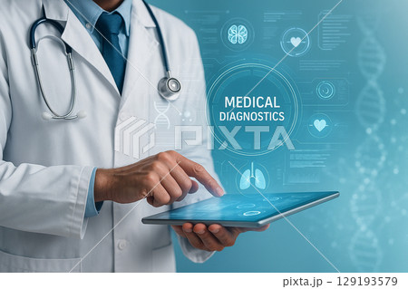 AI generated doctor using tablet with floating digital diagnostics interface including DNA heart and lung graphics showing futuristic medical data in clean professional environment 129193579
