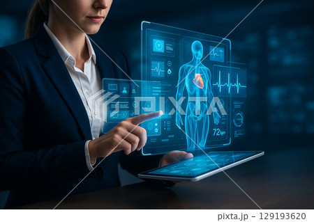 AI generated futuristic scene of a female medical expert interacting with a glowing 3D health interface showing organs and diagnostics in real time 129193620