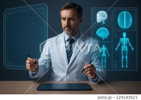 AI generated ultra realistic scene of a doctor interacting with digital holographic medical data highlighting brain and skeleton scans in a clean high tech environment 129193621
