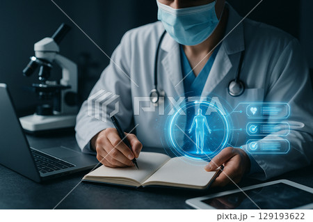AI generated futuristic medical scene showing a masked doctor recording patient data beside a holographic interface with glowing human anatomy elements 129193622