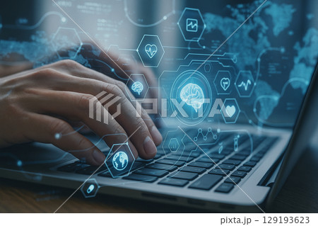 AI generated close up of hands typing on keyboard with digital medical interface overlay showing data symbols in blue and white tones for futuristic healthcare concept 129193623