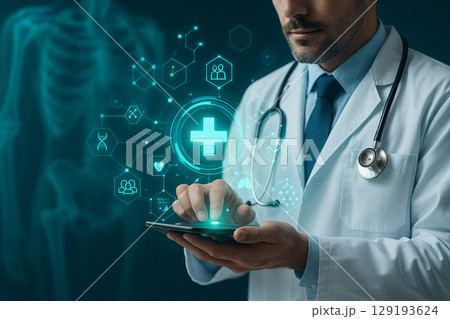 AI generated image of a male doctor using a digital device with glowing medical icons and holographic interface elements for advanced patient data analysis in a futuristic healthcare setting 129193624