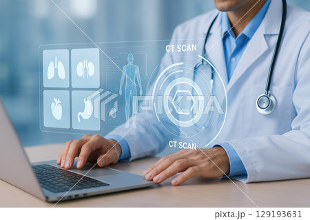 AI generated doctor using laptop while interacting with transparent holographic interface showing CT scan data human anatomy and organ icons in a clean futuristic medical workspace 129193631