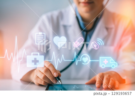 AI generated image of hands typing on a laptop with glowing holographic icons representing global support systems digital tools and communication in a futuristic tech environment 129193657