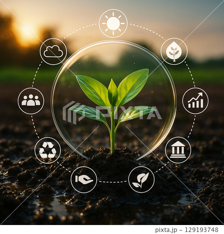 AI generated young seedling in wet soil surrounded by infographic icons showing sustainable farming cycle ecosystem and digital agriculture management 129193748