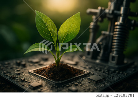 AI generated young green seedling sprouting from soil on electronic circuit board with warm light and blurred mechanical background symbolizing nature technology integration life hope and innovation 129193791