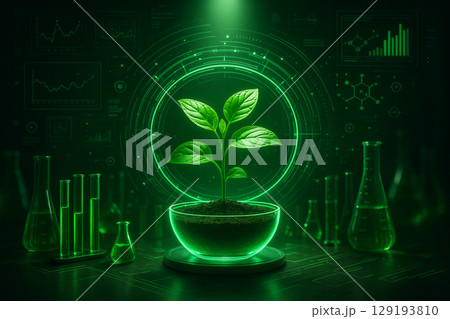 AI generated futuristic seedling growing in glowing glass bowl inside high tech lab with data charts molecular graphics and green energy light 129193810