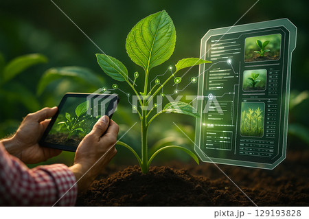 AI generated fresh green plant with digital interface and tablet showing real time monitoring symbolizing smart farming technology innovation life growth and sustainable agriculture AI generated fresh green plant with digital interface and tablet showing real time monitoring symbolizing smart farming technology innovation life growth and sustainable agriculture 129193828